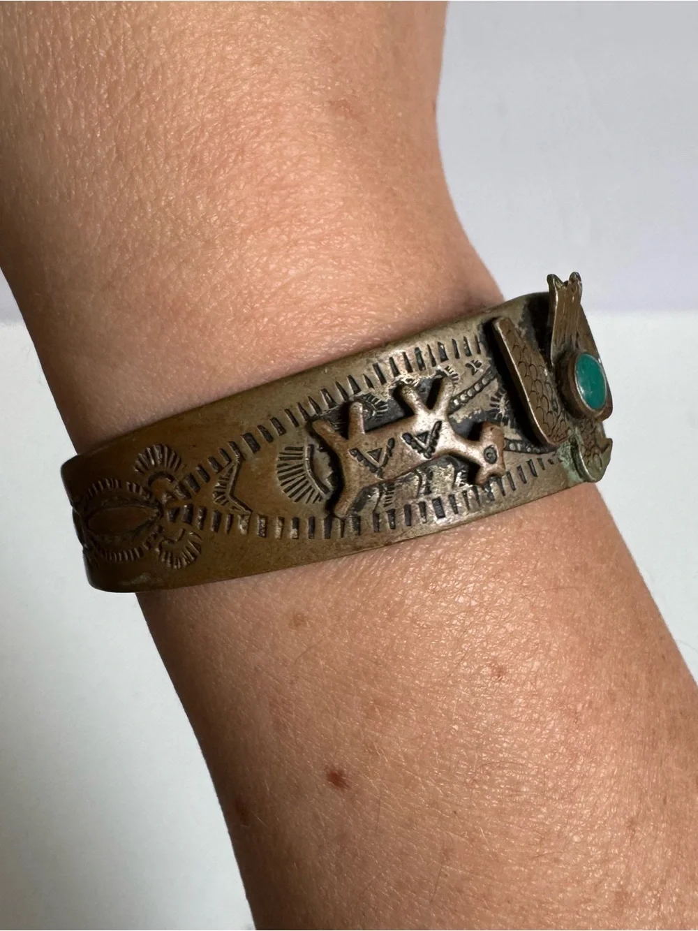 Vtg Nickel Silver Genuine Turquoise Thunderbird Horse Cuff Bracelet Southwest